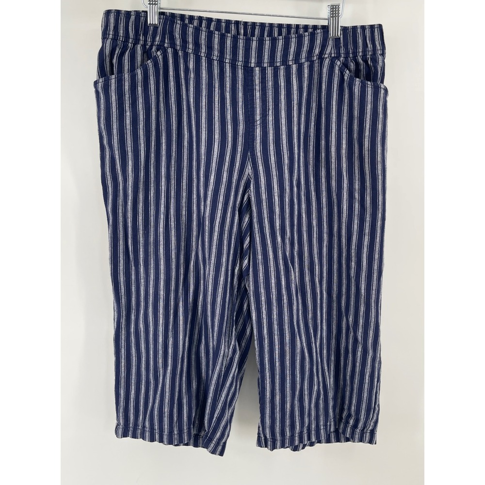 Lane Bryant Striped Pants Women 14 Navy Blue Excellent Linen Blend Cropped Capri